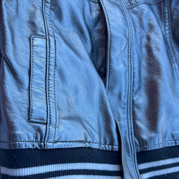 Oshkosh Genuine KIDS Metallic Silver Kids Bomber Varsity Jacket Striped Cuffs - Picture 3 of 7